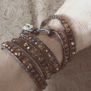 Chan Luu RoseGold Nugget 5 Wrap Taupe Leather Bracelet